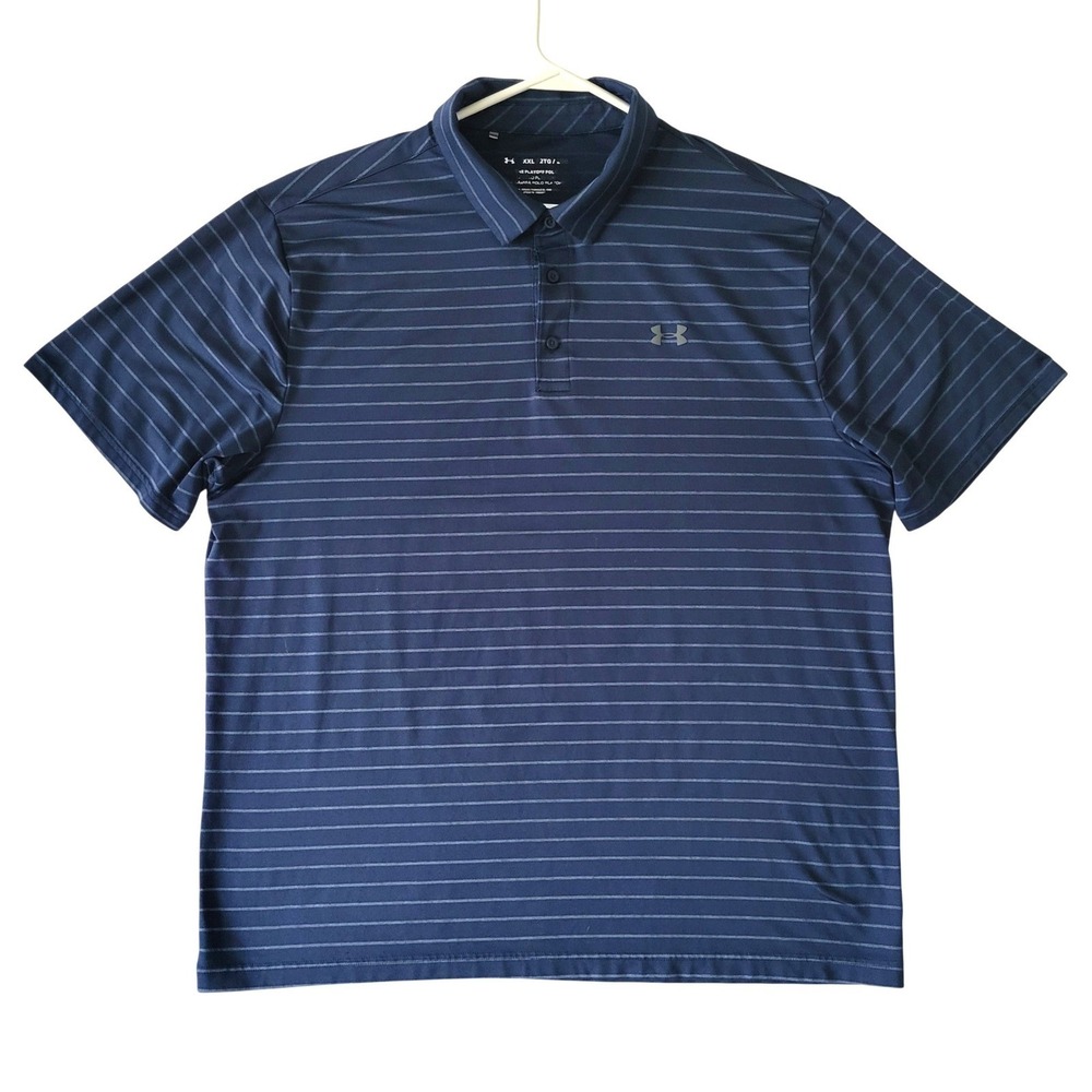 Under Armour The Playoff Polo Golf Shirt Mens XXL Navy Blue Striped Short Sleeve